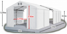 Skladový stan 6x23x2,5m střecha PVC 580g/m2 boky PVC 500g/m2 konstrukce POLÁRNÍ PLUS