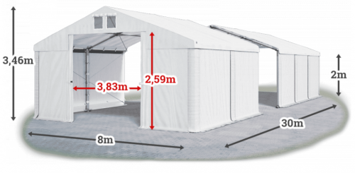 Skladový stan 8x30x2m strecha PVC 560g/m2 boky PVC 500g/m2 konštrukcie ZIMA PLUS