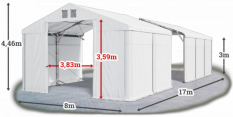 Skladový stan 8x17x3m střecha PVC 580g/m2 boky PVC 500g/m2 konstrukce POLÁRNÍ PLUS