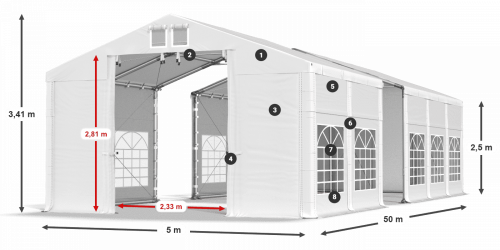 Párty stan 5x50x2,5m střecha PVC 560g/m2 boky PVC 500g/m2 konstrukce ZIMA PLUS