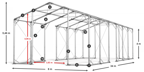 Skladový stan 8x34x4m střecha PVC 620g/m2 boky PVC 620g/m2 konstrukce POLÁRNÍ