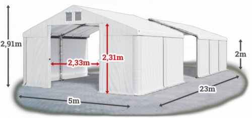 Skladový stan 5x23x2m strecha PVC 580g/m2 boky PVC 500g/m2 konštrukcia ZIMA
