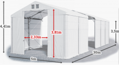 Skladový stan 5x30x3,5m střecha PVC 560g/m2 boky PVC 500g/m2 konstrukce POLÁRNÍ PLUS