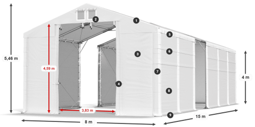 Skladový stan 8x15x4m střecha PVC 620g/m2 boky PVC 620g/m2 konstrukce POLÁRNÍ
