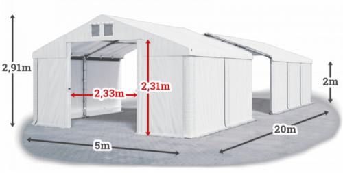 Skladový stan 5x20x2m strecha PVC 560g/m2 boky PVC 500g/m2 konštrukcia ZIMA