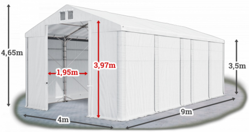 Skladový stan 4x9x3,5m střecha PVC 580g/m2 boky PVC 500g/m2 konstrukce POLÁRNÍ