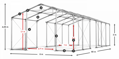 Skladový stan celoroční 6x60x3m nehořlavá plachta PVC 600g/m2 konstrukce ZIMA PLUS