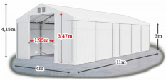Skladový stan 4x11x3m střecha PVC 580g/m2 boky PVC 500g/m2 konstrukce POLÁRNÍ PLUS