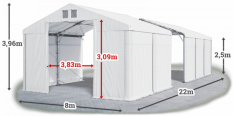 Skladový stan 8x22x2,5m střecha PVC 620g/m2 boky PVC 620g/m2 konstrukce POLÁRNÍ
