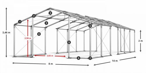 Skladový stan 8x14x2m strecha PVC 580g/m2 boky PVC 500g/m2 konštrukcie ZIMA PLUS