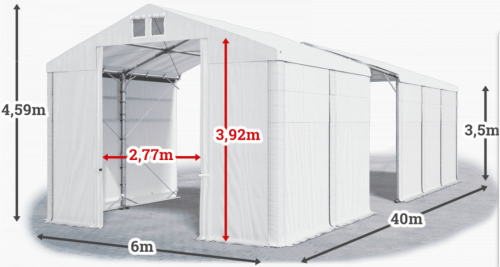Skladový stan 6x40x3,5m střecha PVC 620g/m2 boky PVC 620g/m2 konstrukce POLÁRNÍ