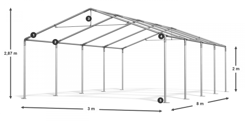 Párty stan 3x8x2m střecha PE 240g/m2 boky PE 240g/m2 konstrukce LÉTO - Barva střešní plachty: Bílá, Barva boční plachty: Ekru, Barva svislých pruhů: Zelená