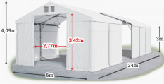 Skladový stan 6x24x3m strecha PVC 560g/m2 boky PVC 500g/m2 konštrukcia POLÁRNA PLUS