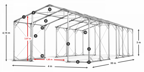 Skladový stan 4x30x3m strecha PVC 580g/m2 boky PVC 500g/m2 konštrukcia POLÁRNA