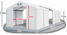 Skladový stan 8x23x2,5m střecha PVC 580g/m2 boky PVC 500g/m2 konstrukce ZIMA PLUS