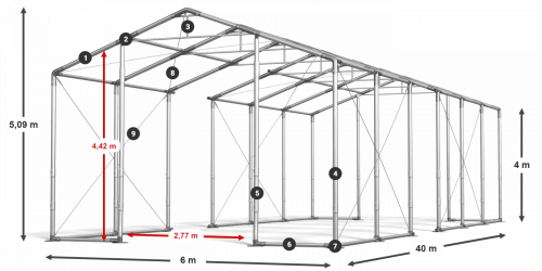 Párty stan 6x40x4m střecha PVC 620g/m2 boky PVC 620g/m2 konstrukce ZIMA PLUS