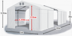 Skladový stan 5x30x3m strecha PVC 560g/m2 boky PVC 500g/m2 konštrukcia POLÁRNA