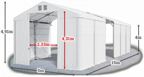 Skladový stan 5x15x4m strecha PVC 580g/m2 boky PVC 500g/m2 konštrukcia POLÁRNA PLUS