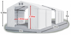 Skladový stan 8x26x3m střecha PVC 560g/m2 boky PVC 500g/m2 konstrukce POLÁRNÍ PLUS