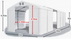 Skladový stan 5x28x4m střecha PVC 560g/m2 boky PVC 500g/m2 konstrukce POLÁRNÍ PLUS