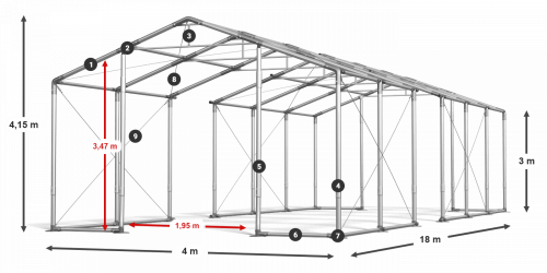 Párty stan 4x18x3m střecha PVC 560g/m2 boky PVC 500g/m2 konstrukce ZIMA PLUS