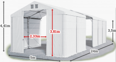 Skladový stan 5x24x3,5m střecha PVC 620g/m2 boky PVC 620g/m2 konstrukce POLÁRNÍ