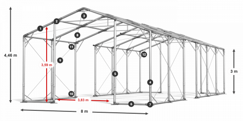Skladový stan 8x80x3m střecha PVC 620g/m2 boky PVC 620g/m2 konstrukce POLÁRNÍ