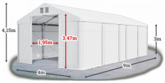 Skladový stan 4x9x3m střecha PVC 580g/m2 boky PVC 500g/m2 konstrukce POLÁRNÍ