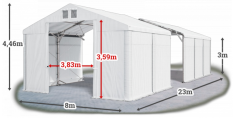 Skladový stan 8x23x3m střecha PVC 580g/m2 boky PVC 500g/m2 konstrukce POLÁRNÍ PLUS