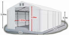 Skladový stan 8x9x2,5m střecha PVC 580g/m2 boky PVC 500g/m2 konstrukce ZIMA PLUS