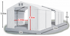 Skladový stan 5x16x3m strecha PVC 560g/m2 boky PVC 500g/m2 konštrukcia POLÁRNA PLUS
