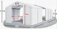 Skladový stan 5x26x2,5m strecha PVC 620g/m2 boky PVC 620g/m2 konštrukcia ZIMA PLUS