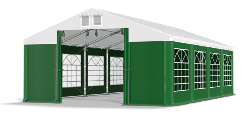 Párty stan 4x10x2,5m střecha PVC 580g/m2 boky PVC 500g/m2 konstrukce ZIMA PLUS - Barva střešní plachty: Bílá, Barva boční plachty: Zelená, Barva svislých pruhů: Zelená