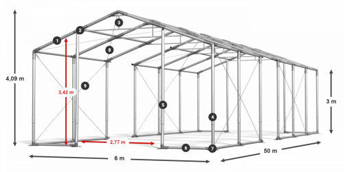 Párty stan 6x50x3m strecha PVC 580g/m2 boky PVC 500g/m2 konštrukcia ZIMA PLUS