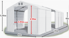 Skladový stan 8x26x4m strecha PVC 620g/m2 boky PVC 620g/m2 konštrukcia POLÁRNA