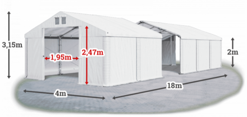 Skladový stan 4x18x2m střecha PVC 560g/m2 boky PVC 500g/m2 konstrukce ZIMA PLUS