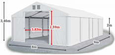 Skladový stan 8x9x2m střecha PVC 580g/m2 boky PVC 500g/m2 konstrukce ZIMA