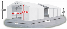 Skladový stan 4x18x2m střecha PVC 560g/m2 boky PVC 500g/m2 konstrukce POLÁRNÍ PLUS