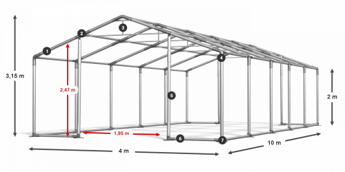 Skladový stan 4x10x2m střecha PVC 620g/m2 boky PVC 620g/m2 konstrukce ZIMA