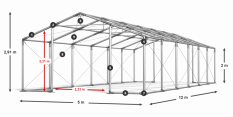 Párty stan 5x12x2m střecha PVC 620g/m2 boky PVC 620g/m2 konstrukce ZIMA PLUS