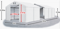 Skladový stan 4x30x2,5m střecha PVC 560g/m2 boky PVC 500g/m2 konstrukce ZIMA PLUS