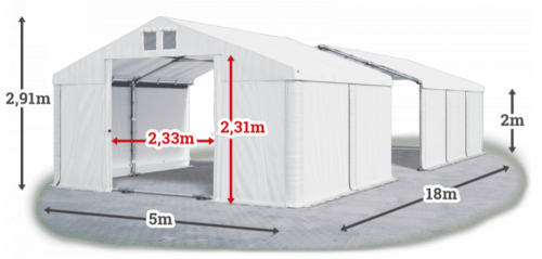 Skladový stan 5x18x2m střecha PVC 560g/m2 boky PVC 500g/m2 konstrukce LÉTO PLUS