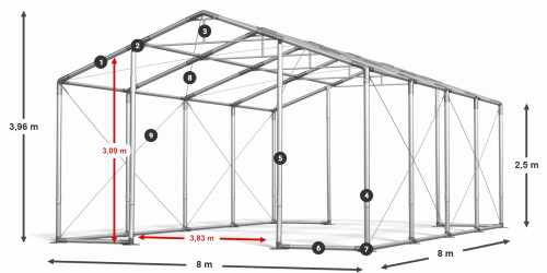 Párty stan 8x8x2,5m střecha PVC 620g/m2 boky PVC 620g/m2 konstrukce ZIMA PLUS