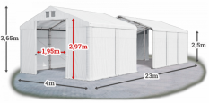 Skladový stan 4x23x2,5m strecha PVC 580g/m2 boky PVC 500g/m2 konštrukcie ZIMA PLUS