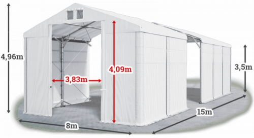 Skladový stan 8x15x3,5m strecha PVC 580g/m2 boky PVC 500g/m2 konštrukcia POLÁRNA PLUS