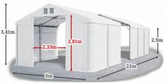 Skladový stan 5x22x2,5m střecha PVC 560g/m2 boky PVC 500g/m2 konstrukce POLÁRNÍ