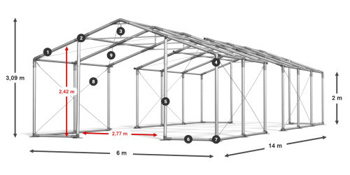 Skladový stan 6x14x2m střecha PVC 620g/m2 boky PVC 620g/m2 konstrukce ZIMA PLUS