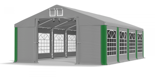 Párty stan 4x10x2,5m střecha PVC 580g/m2 boky PVC 500g/m2 konstrukce ZIMA PLUS - Barva střešní plachty: Šedá, Barva boční plachty: Šedá, Barva svislých pruhů: Zelená