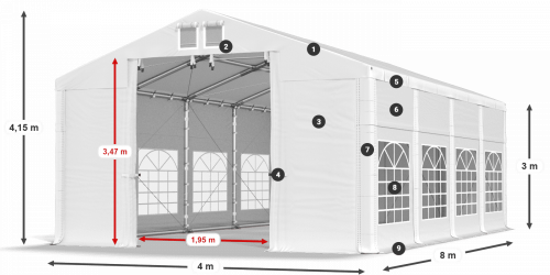 Párty stan 4x8x3m střecha PVC 620g/m2 boky PVC 620g/m2 konstrukce ZIMA PLUS