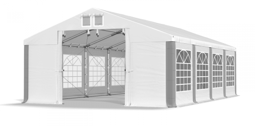 Párty stan 4x10x2,5m střecha PVC 580g/m2 boky PVC 500g/m2 konstrukce ZIMA PLUS - Barva střešní plachty: Bílá, Barva boční plachty: Bílá, Barva svislých pruhů: Šedá